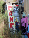 850608 Afbeelding van graffiti met de teksten 'FAME' en van een Utrechtse kabouter (KBTR) op een uitbouw op de ...